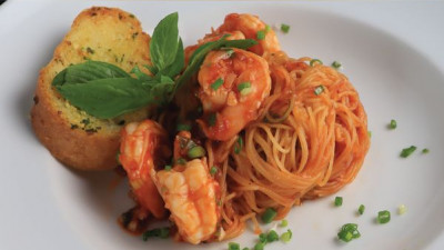 Stir Fried Angel Hair Pasta with Shrimp and BBQ Sauc