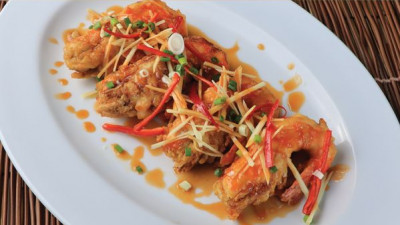 River Prawns Fritters with Plum Sauce and Ketchu