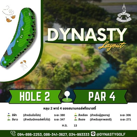 สนามกอล์ฟไดนาสตี้ แอนด์ คันทรีคลับ Dynasty Golf amp Country Club golf golf course and DYNASTY COLF4 COUNTRYCLLE DYNASTY Layout HOLE 2 สีฟ้า สีขาว PAR PAR4 4 หลุม 2 พาร์ ของสนามกอล์ฟโดนาสตี้ สำหรับมือโปร สีเหลือง สำหรับผู้สูงอายุ สำหรับนักกอล์ฟทัวไป สีแดง สำหรับสุภาพสตรี ระยะ 380 ระยะ 347 H S 13 ระยะ 306 ระยะ 271 094 886 2253 DYNASTYGOLF