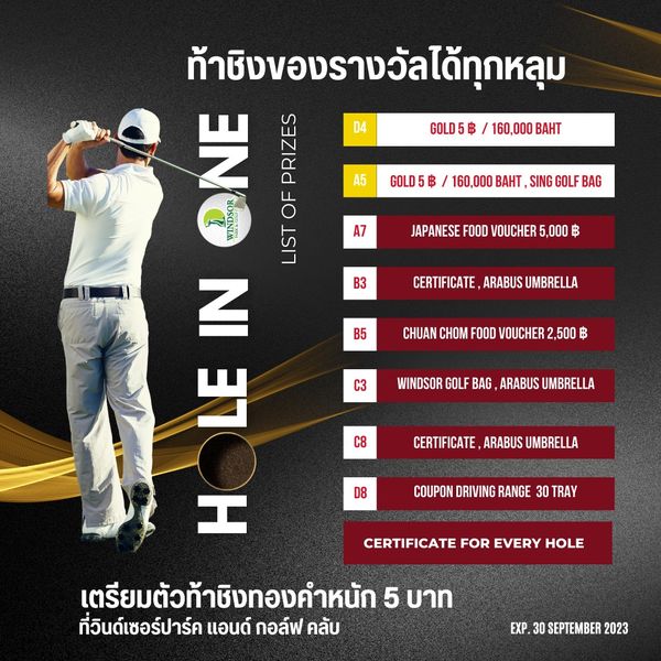 สนามกอล์ฟวินด์เซอร์ปาร์คฯ Windsor Park amp Golf Club 1 person golfing and D4 GOLD5฿ 160 000 BAHT A5 GOLD 160 000 BAHT SING GOLF BAG A7 ท้าชิงของรางวัลได้ทุกหลุม NE PRIZES WINDSOR LIST SPR OF IN Y JAPANESE FOOD VOUCHER 5 000 ฿ B3 CERTIFICATE ARABUS UMBRELLA B5 CHUAN CHOM FOOD VOUCHER 2 500 ฿ C3 WINDSOR GOLF BAG ARABUS UMBRELLA C8 CERTIFICATE ARABUS UMBRELLA D8 COUPON DRIVING RANGE 30 TRAY CERTIFICATE FOR EVERY HOLE เตรียมตัวท้าชิงทองคำหนัก 5 บาท ที่วินด์เซอร์ปาร์ค แอนด์ กอล์ฟ คลับ EXP 30 SEPTEMBER 2023