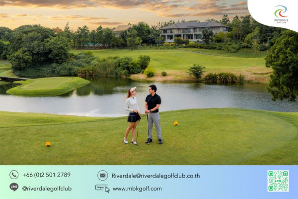Riverdale Golf Club 2 people people golfing golf cart golf course and text