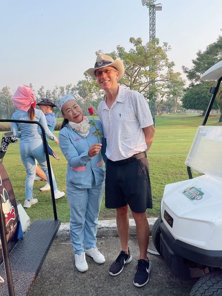 Green Valley Country Club Bangkok สนามกอล์ฟกรีนวัลเล่ คันทรีคลับ บางนา nbsp 3 people people golfing golf cart golf course and text