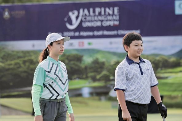 Alpinegolfresort Chiangmai 2 people people golfing golf course and text