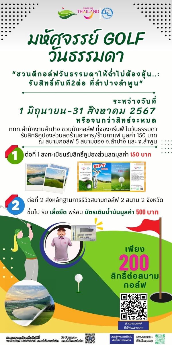 สนามกอล์ฟหริภุญชัย กอล์ฟคลับ nbsp 1 person golfing and TH THAILAND มหัศจรรย์ GOLF วันธรรมดา ชวบดีกอลฟัวธรรญให้ดำ่ไปด รับสิทธิ์ทันที2ต่อ ที่ลำปางลำพูน ระหว่างวันที่ 1 1มิถุนายน 31 สิงหาคม 2567 หรือจนกว่าสิทธ์จะหนด กทท สำนักงานลำปาง ชวนนักกอล์ฟ ที่จองกรีนฟี ในวันธรรมดา รับสิทธิคูปองส่วนลดร้านอาหาร รับสิทธิ์คูปองส่วนล ร้านกาแฟ มูลค่า 150 บาท ณ สนามกอล์ฟ 5 สนามของ จ ลำปาง และ จ ลำพูน ต่อที่ ลงทะเบียนรัมสิทธิ์ูปองส่วนลดมูลค 150 บาท GIPT 2 ต่อที่ 2 ส่งหลักฐานการรีวิวสนามกอล์พ 2 สนาม ขึ้นไป รับ เสื้อยืด พร้อม บัตรเติมน้ำมันมูลค่า บัตร 500 บาท จังหวัด เพียง 200 สิทธิ์ต่อสนาม กอล์ฟ Reingagan ดณปรนิวกในจ ติกำรวเรามหการ