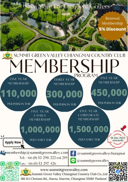 Summit Green Valley Chiangmai Country Club Save More For Frequent Golfers Renewal Membership 5 Discount SUMMIT GREENVALLEY CHIANGMAI COUNTRY CLUB MEMBERSHIP PROGRAM FIVE YEAR ONE YE AR THREE YEAR ME MEMBERSHIP MBE MEMBERSHIP MEMBERSHIP 110 000 PNB 300 000 PERPERSON 450 000 FIVE YEAR FAMILY MEMBERSHIP MEMBE PERPERSON THB FIVE YEAR CORPORATE MEMBERSHIP 1 000 000 Apply Now PERFAMILYTI THB PERFAMILY THB 1 500 000 18 2022 onwards membership sumigrenvaly com Tel 66 0 53 298 222 ext 219 66 0 53 297 426 v summitgreenvalley com Summit Green Valley Chiangmai Country Club Co Ltd 186 M 1 Chotana Rd Maesa Maerim Chiangmai 50180 Thailand summitgreenvalleychiangmai summitgreenvalley Summit Green Valley Chiangmai Country Club Save More For Frequent Golfers Renewal Membership 5 Discount SUMMIT GREENVALLEY CHIANGMAI COUNTRY CLUB MEMBERSHIP PROGRAM FIVE YEAR ONE YE AR THREE YEAR ME MEMBERSHIP MBE MEMBERSHIP MEMBERSHIP 110 000 PNB 300 000 PERPERSON 450 000 FIVE YEAR FAMILY MEMBERSHIP MEMBE PERPERSON THB FIVE YEAR CORPORATE MEMBERSHIP 1 000 000 Apply Now PERFAMILYTI THB PERFAMILY THB 1 500 000 18 2022 onwards membership sumigrenvaly com Tel 66 0 53 298 222 ext 219 66 0 53 297 426 v summitgreenvalley com Summit Green Valley Chiangmai Country Club Co Ltd 186 M 1 Chotana Rd Maesa Maerim Chiangmai 50180 Thailand summitgreenvalleychiangmai summitgreenvalley