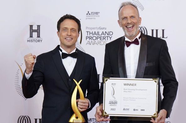 2 people people standing and H HISTORY PropertyGuru PropertyG THAILAND PROPERTY AWARDS ILL WINNER Housing Development Hin 2022 JLL 2 people people standing and H HISTORY PropertyGuru PropertyG THAILAND PROPERTY AWARDS ILL WINNER Housing Development Hin 2022 JLL