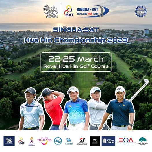 Royal Hua Hin Golf Course 5 people people standing outdoors and SINGHA SAT SAT THAILAND PGA TOUR PGA SINGHA SAT Hua Hin Championship 2023 22 25 March Royal Hua Hin Golf Course SAT THAILAND ND น้ำตืมสิงท์ C BRIDGESTONE ABOUT GRASS EGA GOLF ACADEMY