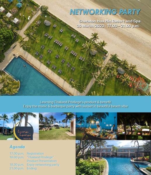 Springfield Royal Country Club palm trees outdoors pool and NETWORKING PARTY Sheraton Hua Hin Resort and Spa 30 March 2023 17 00 21 00 p m Learning Thailand Privilege s product benefit Enjoy the music barbeque party with sunseti beautiful beach vibe Agenda 17 00p m Registration 18 00 p m Thailand Privilege Product Presentation 18 30p m Enjoynetworkingparty 21 00p m Ending