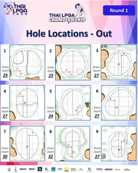 Royal Hua Hin Golf Course golf map golf course and THAI LPGA TOUR THAI LPGA CHAMPIONSHIP Round 1 1 Hole Locations Out 2 3 Green Depth 25 Green Depth 25 Green Depth 27 4 5 6 Green Depth 27 Green Depth 24 16 Green Depth 27 7 8 9 Green Depth 30 Green Depth 32 Green Depth 27 BGC BGF wise NESCAFE Purra aag