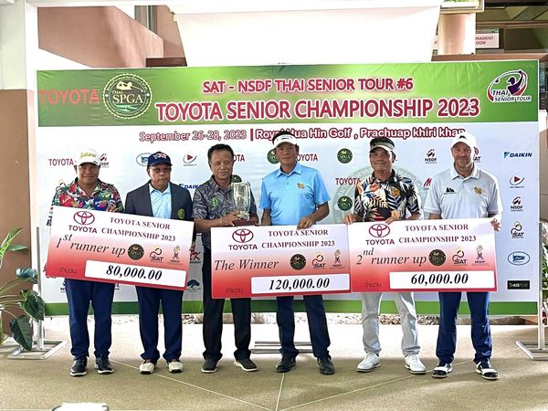 Royal Hua Hin Golf Course 7 people people golfing and NAMENT COM 3AERM TOYOTA TOYOTA SPGA SAT NSDF THAI SENIOR TOUR 6 TOYOTA SENIOR CHAMPIONSHIP 2023 September 26 28 2023 RoyAedua Hin Golf Prachuap khiri khan THAI SENIOR TOUR OTA OYOTA TOYOTA DAIKIN TOYOTA TOYOTA CHAMPIONSHIP TOYOTASENIOR SENIOR 2023 runner up 80 000 00 TOYOTASENIOR SENIOR TOYOTA CHAMPIONSHIP 2023 The Winner 120 000 00 TOYOTA SENIOR TOYOTA CHAMPIONSHIP 2023 nd runner up 60 000 00 AISL