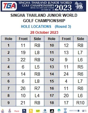 Royal Hua Hin Golf Course nbsp golf and Hole 1 TGA GOLI HAMPIONSHIPS 2023 SINGHA THAILAND IUNIOR WORLD EAEAC SINGHA THAILAND JUNIOR WORLD GOLF CHAMPIONSHIP HOLE LOCATIONS Round 3 28 October 2023 Front Side Hole 11 R8 19 L8 22 R8 6 L5 14 R8 6 L8 R7 L4 R8 2 10 3 11 4 12 Front 12 13 9 11 24 4 5 13 14 6 7 Side R8 L7 L6 R5 R6 L7 R6 L6 R10 15 8 16 26 10 21 9 17 11 20 17 18 Pss