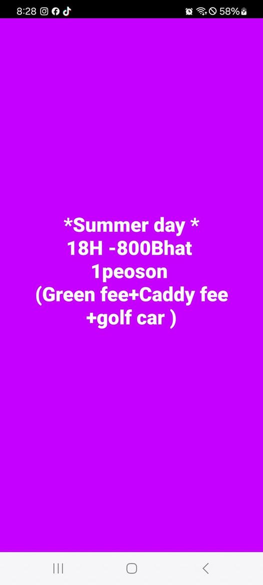 Hua Hin Korea Golf Club amp Milpordparadise Hotel nbsp อาจเป็นกราฟิกรูป ข้อความพูดว่า 58 Summer day 18H 800Bhat 1peoson Green fee Caddy feet fee golf car