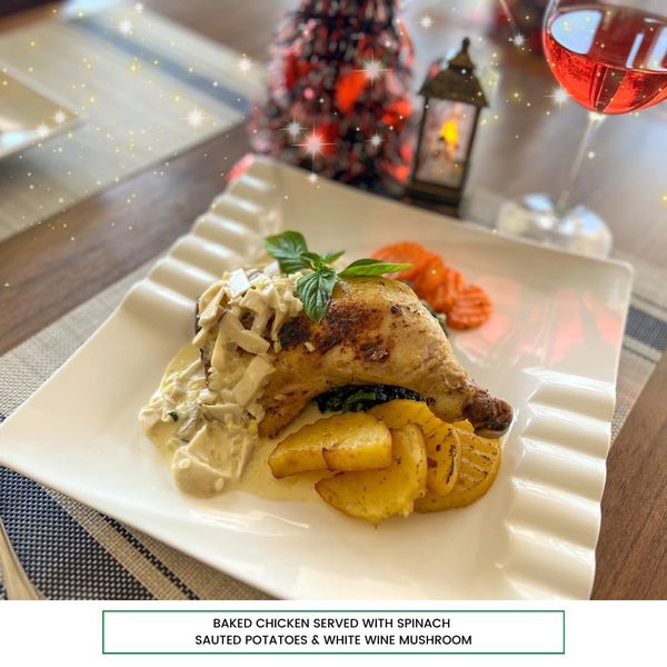 Palm Hills Golf Club amp Residence food indoor and BAKED CHICKEN SERVED WITH SPINACH SAUTED OTATOES WHITE WINE MUSHROOM Palm Hills Golf Club amp Residence food indoor and BAKED CHICKEN SERVED WITH SPINACH SAUTED OTATOES WHITE WINE MUSHROOM
