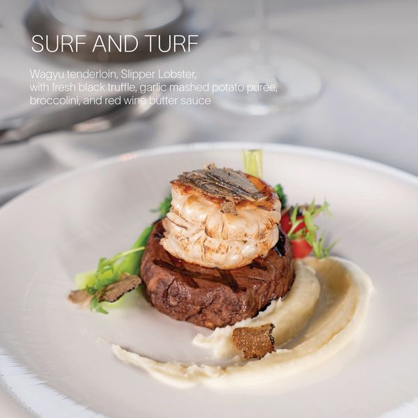 Kirimaya Khao Yai food and SURE AND TURF Wagyu tenderloin Slipper Lobster with fresh black truffle garlicmashed potato pur e broccolini and red wine butter sauce