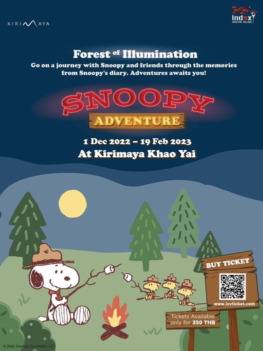 Kirimaya Khao Yai May be a cartoon of KIRIMAYA Ind9x Ind ILLAGE Go on Forest of Illumination journey with Snoopy and friends through the memories from Snoopy s diary Adventures awaits you SNOOPY ADVENTURE 1 Dec 2022 19 Feb 2023 At Kirimaya Khao Yai BUY TICKET m www icvticket com Tickets Available only for 350 THB