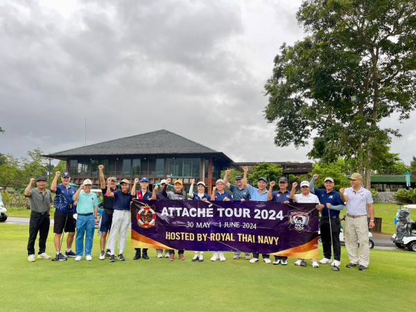 Chatrium Golf Resort Soi Dao Chanthaburi nbsp 7 คน ผู้คนกำลังตีกอล์ฟ สนามกอล์ฟ และ ข้อความพูดว่า ATTACHE TOUR 2024 30 MAY 30MAY4JUNE 2024 1 JUNE 2024 HOSTED BY ROYAL THAI NAVY