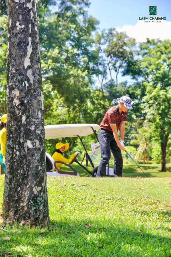 Laem Chabang International Country Club nbsp 1 คน กำลังตีกอล์ฟ รถกอล์ฟ สนามกอล์ฟ พื้นหญ้า และ ข้อความพูดว่า LAEM EMCHABANG COUNTRY CLUB