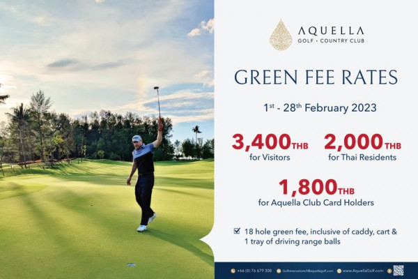 Aquella Golf amp Country Club 1 person and AQUELLA GOLF COUNTRY CLUB GREEN FEE RATES 1st 28th 2023 3 400HB THB for Visitors 2 000TH THB for Thai Residents 1 800TH THB for Aquella Club Card Holders 18 hole green fee inclusive of caddy cart 1 tray of driving range balls 66 0 76679308 Golfreservations 1 aquellagolf com