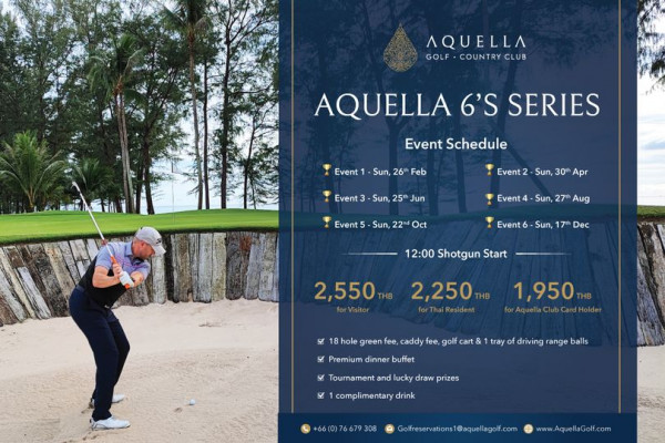 Aquella Golf amp Country Club 1 person outdoors and AQUELLA GOLF COUNTRY AQUELLA 6 S SERIES Event Schedule Event Sun 26th Feb Event Sun 25th Jun Event Sun 30th Apr Event Event Sun 22nd Oct Sun 27th Aug Event Sun 7th Dec 12 00 Shotgun Start 2 550 2 250 1 950 forAquellaCuCaHolder hole green fee caddy fee golf cart Premium dinner buffet tray driving range balls Tournament and lucky draw prizes complimentary drink 66 0 Golfreservations1 aquellagof com www AquellaGolf com