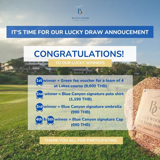 Blue Canyon Country Club golf golf course and BLUE CANYON IT S TIME FOR OUR LUCKY DRAW ANNOUCEMENT CONGRATULATIONS TO OUR LUCKY WINNERS 1stwinner Green fee voucher for a team of 4 WW at Lakes course 9 600 THB 2nd winner Blue Canyon signature polo shirt 1 190 THB 3rd winner Blue Canyon signature umbrella 990 THB 4th 5th winner Blue Canyon signature Cap WW 690 THB IGER woor B 338 o Dri JWC January 199 THANK YOU ALL FOR PARTICIPATING