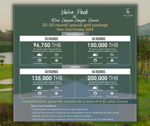 Blue Canyon Country Club nbsp golf golf course and Value Pack Blue CaHyoH CaHyoH CanyoH CaHyoH Course 30 50 rounds special golf aae Now 31st October 2024 THAI RESIDENT BLECANYON ROUNDS 96 750 THB rounds golfa including 1 020fsodardbewerage Thalmassage massaga ROUNDS 150 000 THB rounds goif Canyon Course including green fee hour asagu cKTpue VISITOR 30trapofrangebal 30 ROUNDS 135 000 135 THB rounds golf including green caddie 50 ROUNDS beverage hoer 200 000 THB rounds golfat Canyon Course inctuding green caddie 1 000stspphgcospon Complimentary green fee voucher for a team of Terms and Conditions 30trand rangebul with any other promotions products included must Lakes Course who Thai substituted for subject avaibility driving or Thai work permit